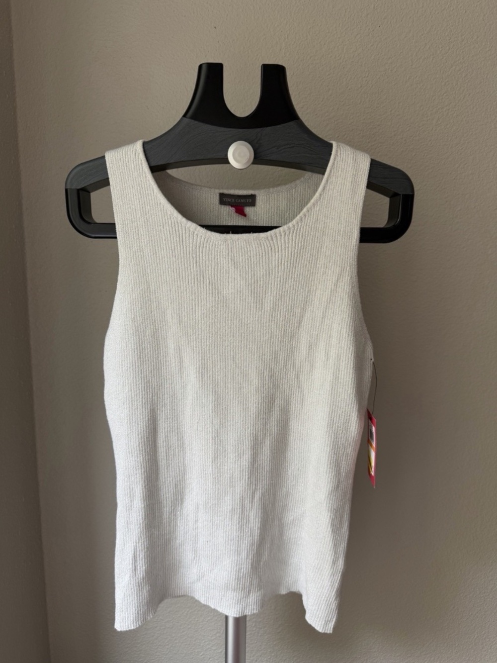 Vince Camuto Women's Ivory/Silver Metallic Knit Glitter Scoop Neck Tank Top S
